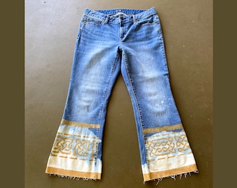 Vintage Bohemian Upcycled Distressed Jeans Handpainted Artisan Aztec Denim