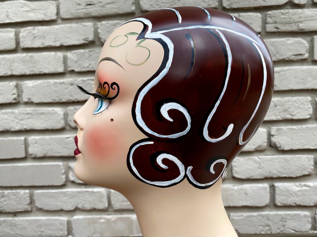 Vintage Style Art Deco Mannequin Head Millinery Hat Stand Handpainted
