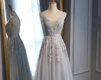 Grey Prom Dress Wedding Dress Ball Gown Graduation Photoshoot Bridal Formal Occasion Long Sleeveless Beaded Applique Zipper Back Lace