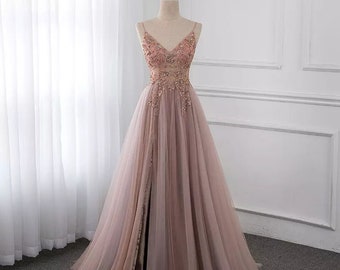 Pink Prom Dress Wedding Slit Dress Ball Gown Photography Graduation Bridal Fairy Formal Long Sleeveless Beaded Zipper Back