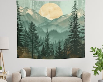 Forest Wall Tapestry, Mountain Landscape Wall Hanging, Nature Scenery, Misty Forest Wall Art, Nature Lover Gift, Forest Wall Decor