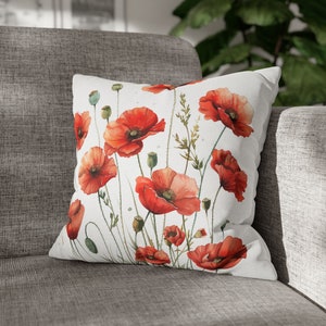 Red Poppy Flower Pillow Cover, Floral Pillow Cover, Farmhouse Decor, Accent Pillow, 20x20 Pillow Cover, 18x18 Pillow Cover, Pillow Case