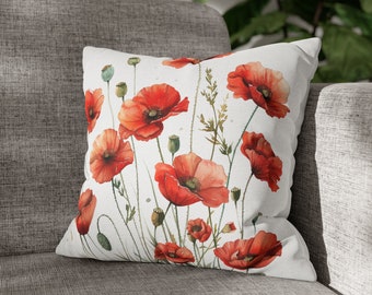 Red Poppy Flower Pillow Cover, Floral Pillow Cover, Farmhouse Decor, Accent Pillow, 20x20 Pillow Cover, 18x18 Pillow Cover, Pillow Case