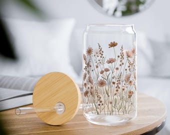 Wildflower Meadow Glass Tumbler, Iced Coffee Cup with Bamboo Lid