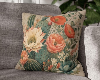 Desert Cactus Floral Pillow Cover, Cactus Bloom Cushion, Southwestern Pillowcase, Succulent Decor, Throw Pillow 18x18