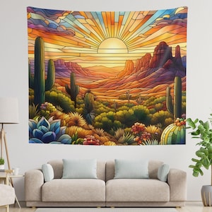Desert Wall Tapestry, Southwest Landscape Wall Hanging, Desert Sunset Fabric Tapestry, Stained Glass Design, Southwest Decor, Wall Art