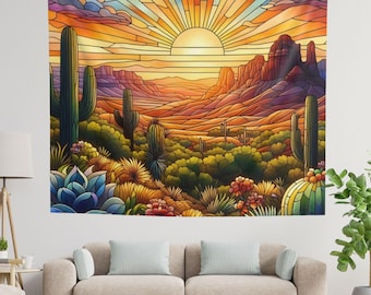 Desert Wall Tapestry, Southwest Landscape Wall Hanging, Desert Sunset Fabric Tapestry, Stained Glass Design, Southwest Decor, Wall Art