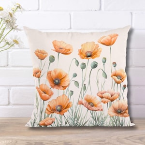 Orange Poppy Pillow Cover, Floral Throw PIllow, California Poppies Cushion Cover, Decorative Pillow, Farmhouse Decor, Accent Pillows