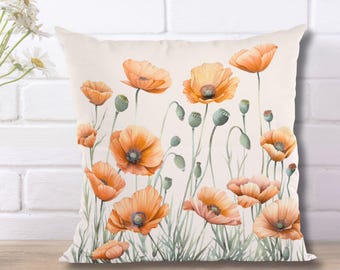 Orange Poppy Pillow Cover, Floral Throw PIllow, California Poppies Cushion Cover, Decorative Pillow, Farmhouse Decor, Accent Pillows