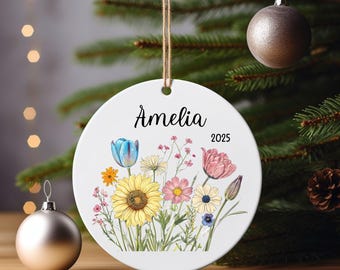 Personalized Wildflower Ornament, Floral Ceramic Ornament, Wildflower Gift, Name Ornament, Custom Holiday Decor, Keepsake Gift