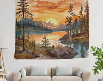 Sunset Wall Tapestry, Lake Tapestry, Sunset Landscape, Mountain Wall Tapestry, Lake House Decor, Wall Art Tapestry, Lake Wall Hanging