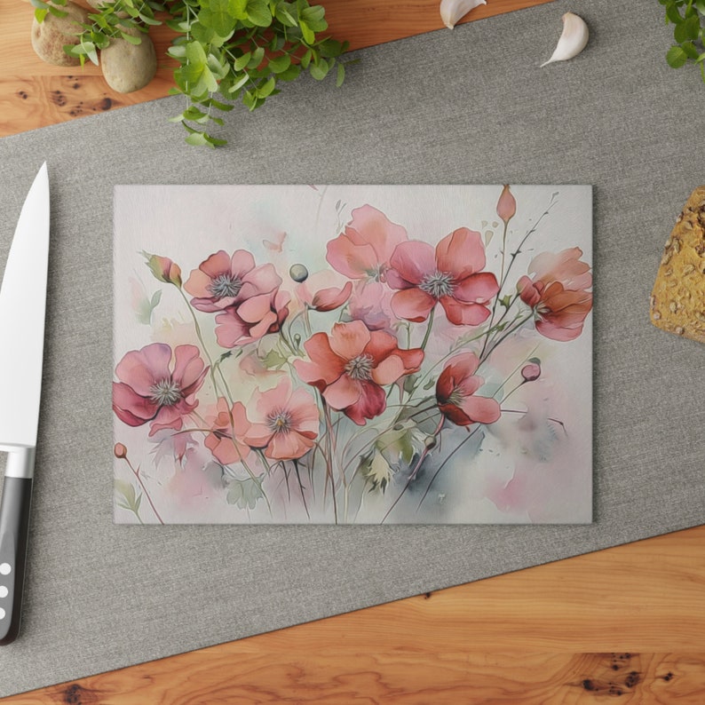 Pink Floral Glass Cutting Board, Flower Cutting Board, Watercolor Floral Chopping Board, Tempered Glass Board, Floral Kitchen Decor image 5