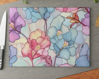 Floral Stained Glass Tempered Glass Cutting Board, Pastel Kitchen Decor