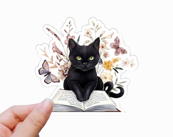 Cats And Books Sticker, Black Cat On Books Sticker, Book Sticker, Cat Sticker, Reading Stickers, Water Bottle Sticker, Laptop Sticker