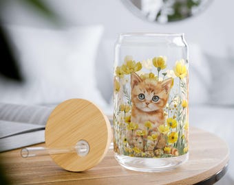 Cute Cat and Flowers Sipper Glass, Cat Glass Tumbler, Cat Lover Themed Drinkware