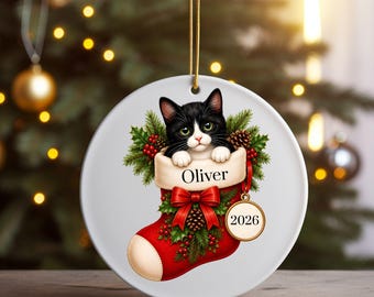 Personalized Tuxedo Cat Ornament, Black and White Cat Christmas Ornament, Custom Cat Lover Gift, Cat Keepsake