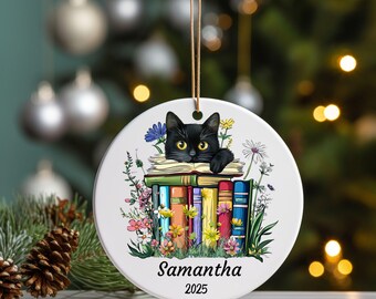 Black Cat Reading Ceramic Ornament, Cats and Books, Book Lover Gift, Personalized Cat Book Lover Ornament, Unique Xmas Tree Ornament
