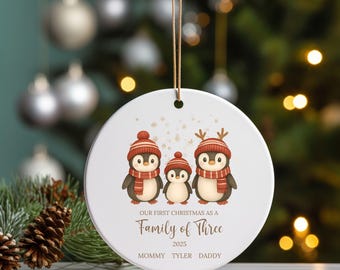Personalized Penguin Family Ornament, Our First Christmas Of Three Keepsake, Gift For New Parents