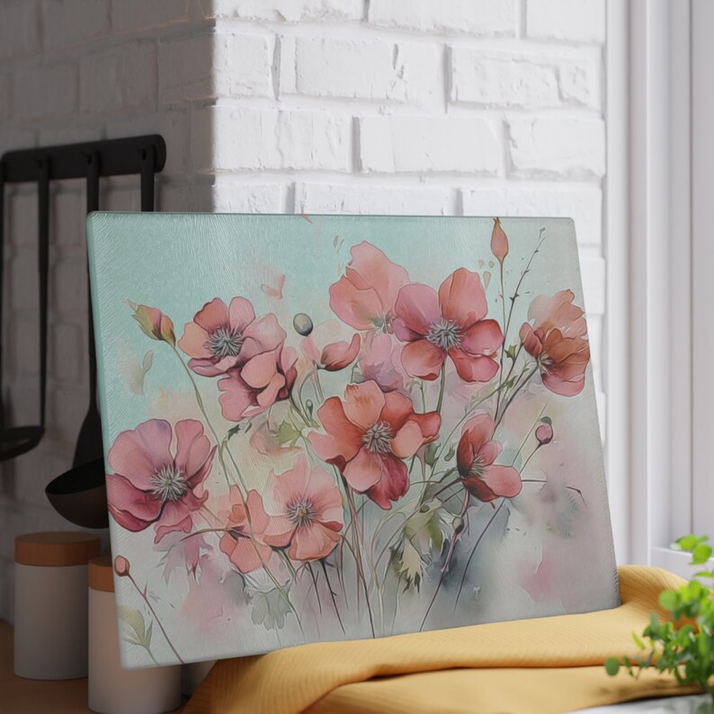 Pink Floral Glass Cutting Board, Flower Cutting Board, Watercolor Floral Chopping Board, Tempered Glass Board, Floral Kitchen Decor image 3