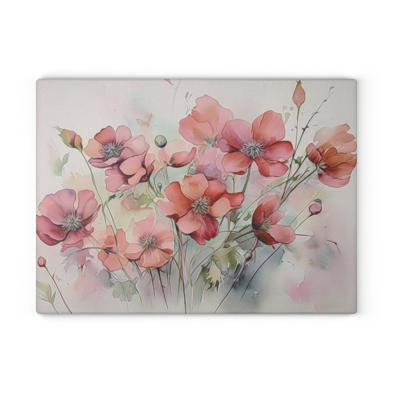 Pink Floral Glass Cutting Board, Flower Cutting Board, Watercolor Floral Chopping Board, Tempered Glass Board, Floral Kitchen Decor image 2