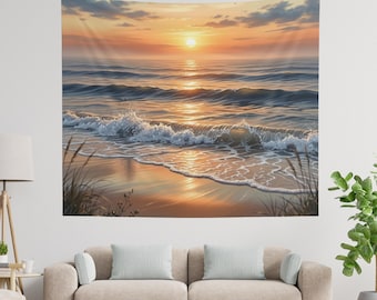Sunrise Wall Tapestry, Ocean Waves Wall Art, Beach House Decor, Coastal Tapestry