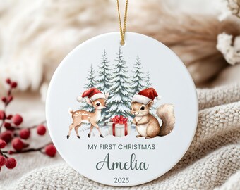 Personalized Baby's First Christmas Ornament, Woodland Animals Ceramic Keepsake