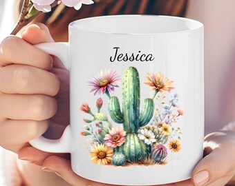 Watercolor Cactus Mug, Personalized Floral Cactus Coffee Cup