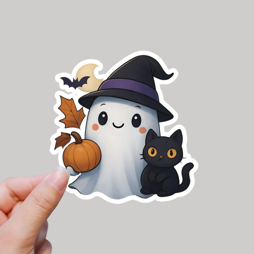 Ghost and Black Cat Halloween Sticker, Spooky Laptop Decal - Etsy