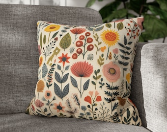 Folk Art Floral Throw Pillow Cover, Floral Throw Pillow Cover, Scandinavian Pillow Cover, Farmhouse Decor, Decorative Pillow, Accent Pillow
