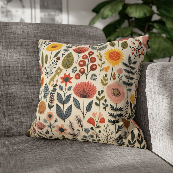 Folk Art Floral Throw Pillow Cover, Floral Throw Pillow Cover, Scandinavian Pillow Cover, Farmhouse Decor, Decorative Pillow, Accent Pillow