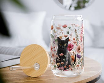 Black Cat and Flowers Sipper Glass, Cute Cat GlassTumbler, Cat Iced Coffee Glass, Cat Mom Gift, Glass with Lid, Cottagecore Cup