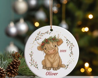Cute Highland Cow Christmas Ornament, Personalized Cow Ornament, Farmhouse Decor, Cow Gift, Keepsake for Christmas, Baby's First Christmas