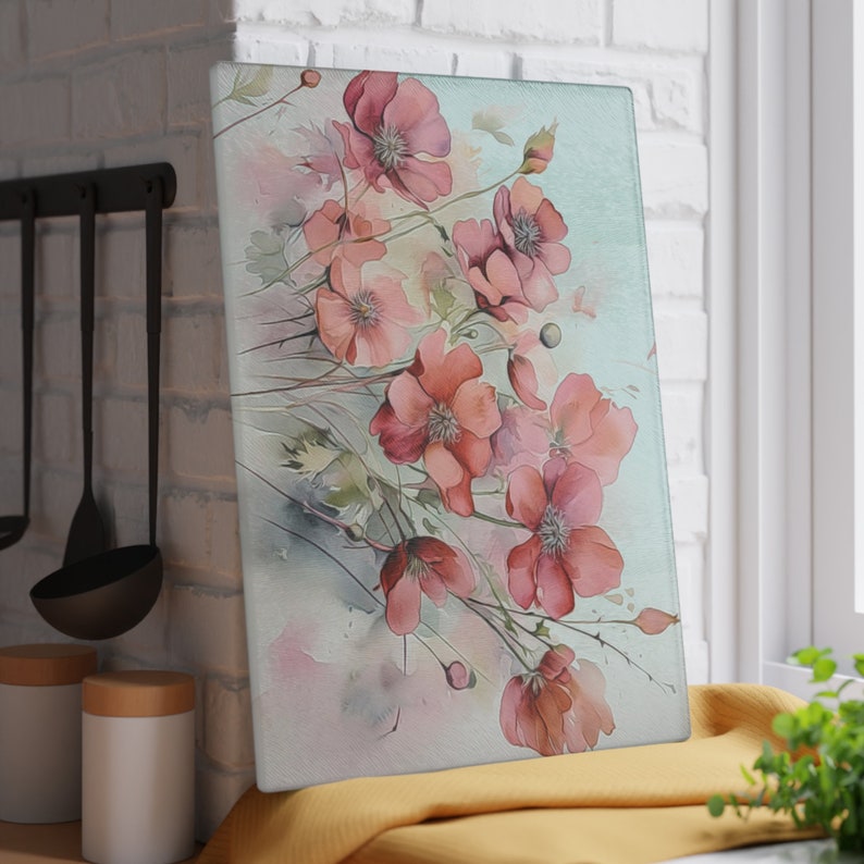 Pink Floral Glass Cutting Board, Flower Cutting Board, Watercolor Floral Chopping Board, Tempered Glass Board, Floral Kitchen Decor image 4