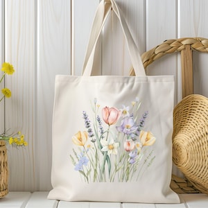 Wildflower Tote Bag, Floral Cotton Canvas Reusable Grocery Bag
