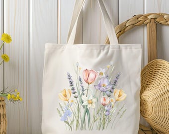 Wildflower Tote Bag, Floral Cotton Canvas Reusable Grocery Bag
