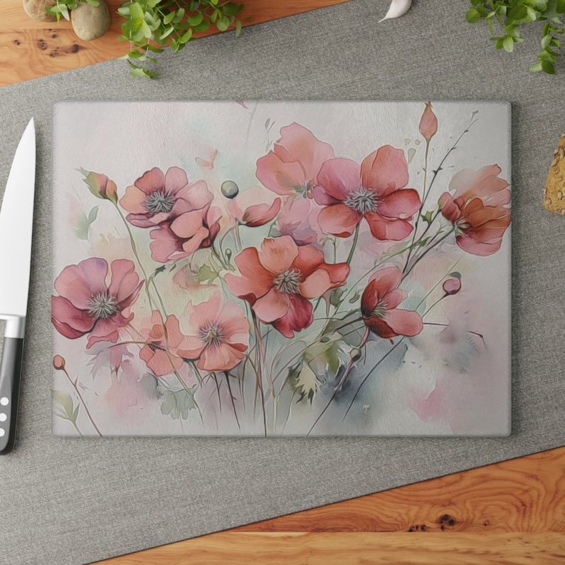 Pink Floral Glass Cutting Board, Flower Cutting Board, Watercolor Floral Chopping Board, Tempered Glass Board, Floral Kitchen Decor image 1