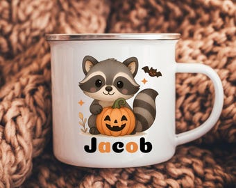 Kids Halloween Camp Mug, Personalized Kids Racoon Mug, Cute Woodland Animal Mug, Halloween Decor, Racoon Gifts Fall Camping Accessory
