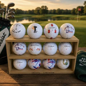 May include: A three-tiered wooden display rack holding twelve white golf balls with various printed designs, including text like 'Hole in one', 'Mafia Nation', and brand logos. The rack features the text 'SW072226 3D WILDFORM' on the bottom front edge.