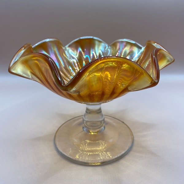 Marigold Carnival Glass Pedestal Trinket Dish/Candy Bowl Vintage