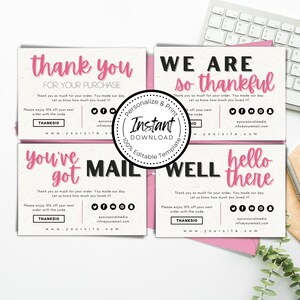 Roze voordeelpakket bedankkaarten | GRATIS BONUS | Sjabloon voor kleine bedrijven direct downloaden | Bewerkbare verpakking digitale DIY afdrukbare sjabloon