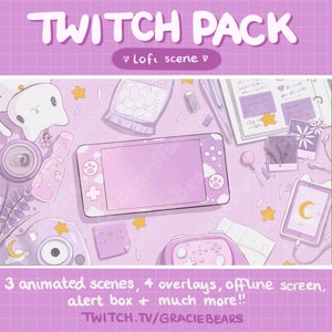 Lofi Desk Twitch Overlay & Animated Scenes, Pastel Pink Theme, Cat Themed Twitch Pack, Cute Scenes