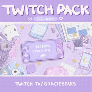 Lofi Desk Twitch Overlay & Animated Scenes, Purple Theme, Cat Themed Twitch Pack, Cute Scenes