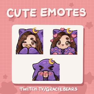 Uroczy pakiet emotikonek Twitch dla dziewczyny Chibi / brązowe włosy, fioletowy kombinezon i jasna skóra