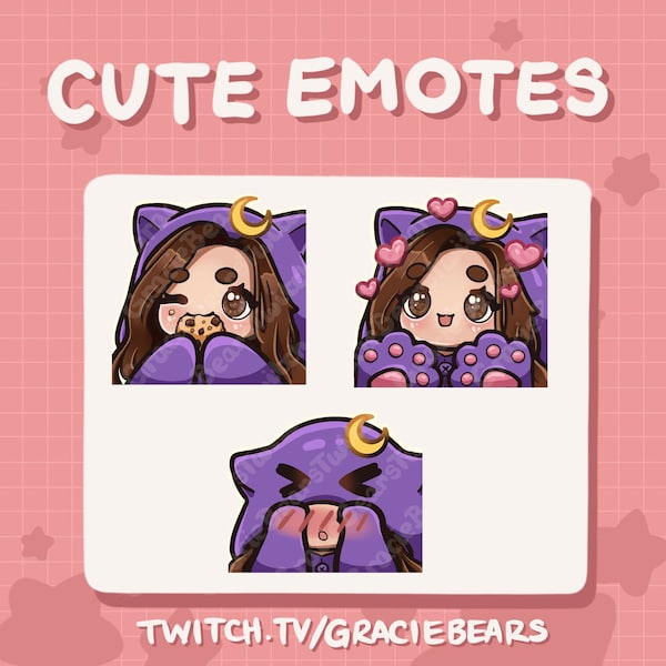 Cute Chibi Girl Twitch Emote Pack / brown hair with purple onesie and light skin