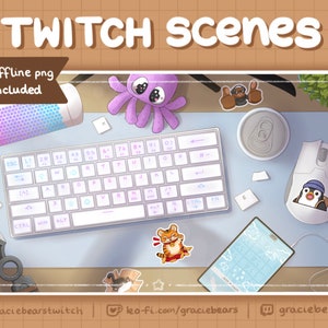 May include: A light blue desk mat with a white keyboard, a white mouse with a penguin sticker, a can of soda, a phone, and various stickers. The text "TWITCH Scenes" is at the top of the image. The text "offline png included" is in the upper left corner of the image. The text "graciebearstwitch", "ko-fi.com/graciebears", and "graciebears" is at the bottom of the image.