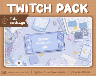 Lofi Desk Twitch Overlay & Animated Scenes, Blue Theme, Cat Themed Twitch Pack, Cute Scenes, Pastel Blue