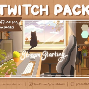 Peut inclure: Une bannière de début de stream Twitch avec un thème automnal chaleureux. La scène représente un bureau avec un ordinateur, un clavier, une souris et une plante. Un chat est assis sur un rebord de fenêtre donnant sur un paysage d'automne. Le texte "Stream Starting..." est écrit en blanc, avec une police lumineuse.