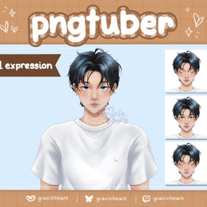 May include: Digital illustration of a young man with blue hair and blue eyes. He is wearing a white t-shirt and has a neutral expression. The image is divided into four sections, with the man's face in each section showing a different expression. The text "1 expression" is visible in the top left corner of the image.