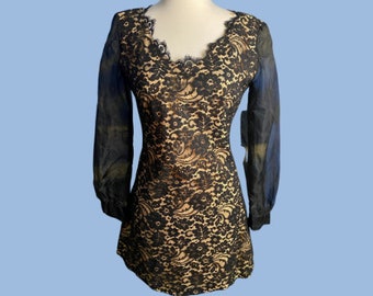 Vintage jaren 1960 Black Lace Mod Mini Cocktailjurk met pure mouwen