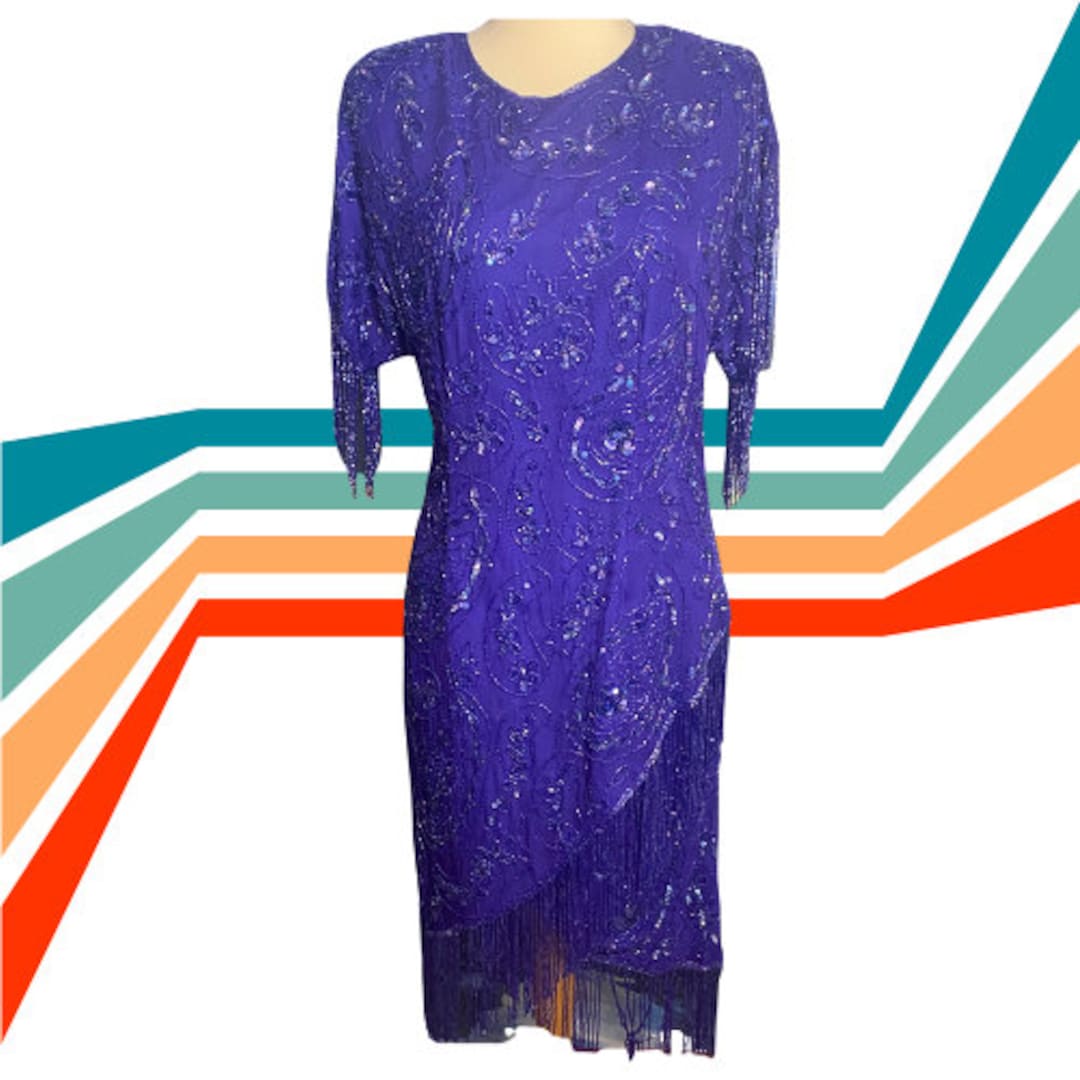 Abito da cocktail con perline blu elettrico con frange e retro